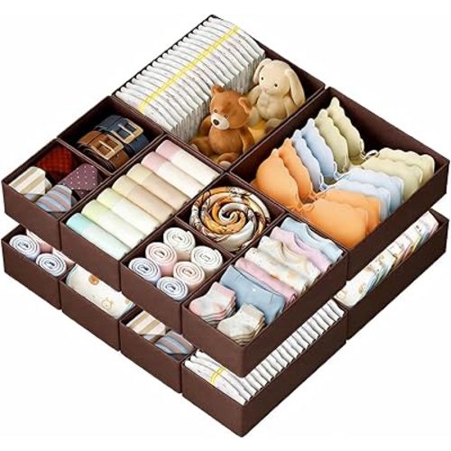 DIMJ Drawer Organizer Clothes, 12 Pack Underwear Organizer, Foldable Closet Organizers, Sock Organizer Bra Organizer, Fabric Dresser Organizer for Clothes, Bra, Socks, Tie (Brown)