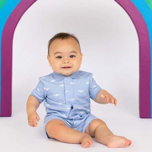 airplane schiffli pique organic cotton magnetic short sleeve romper - 6-9 Months