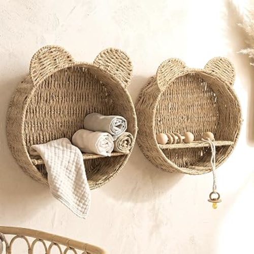 Novabright 2 Pcs Rattan Woven Wall Shelf Teddy Bear Nursery Decor Boho Handwoven Hanging Basket for Baby Nursery Shelves Basket Plant Rack Home Decors