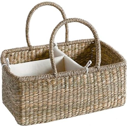 Premium Wicker Baby Diaper Caddy Organizer, Woven Seagrass Basket with Handles, Diaper Basket with Dividers (Rectangle)
