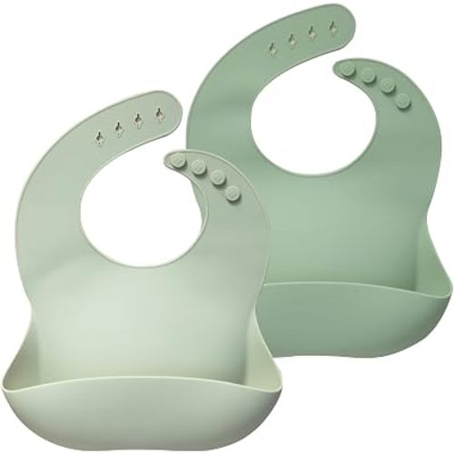 Moonkie Silicone Baby Bibs Set of 2, BPA Free Waterproof Baby Bibs for Eating, Soft Adjustable Silicone Bibs for Babies 6-12 Months, Toddler Bibs with Pocket Food Catcher (Frosted Mint/Celadon Green)