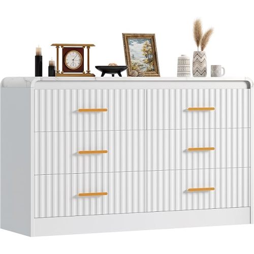 YITAHOME 6-Drawer Dresser with Built-in Power Outlet, Wood TV Stand with 6 Large Drawers and Bar Handles, White Dresser Chest of Drawers for Living Room, Hallway, Entryway
