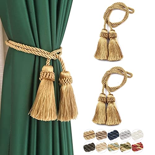 Fenghuangwu Curtain Tiebacks Handmade Decorative Curtain Holdbacks Rope with Tassel (Gold, 2P)