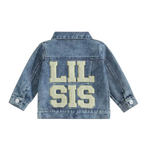 VISGOGO Toddler Baby Girl Jacket Big Lil Sister/Brother Letter Embroidery Jean Long Sleeve Cardigan Button Denim Coat