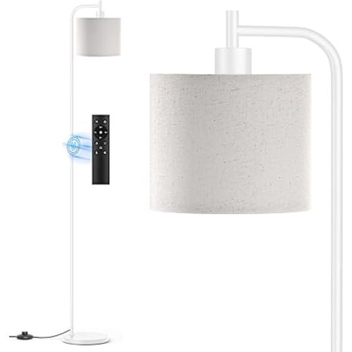 Floor Lamp with Linen Shade, Dimmable Tall Standing Lamp with Remote Control & 3 Color Temperatures, Modern Corner Floor Lamps for Living Room Bedroom Office, 9W LED Bulb Included