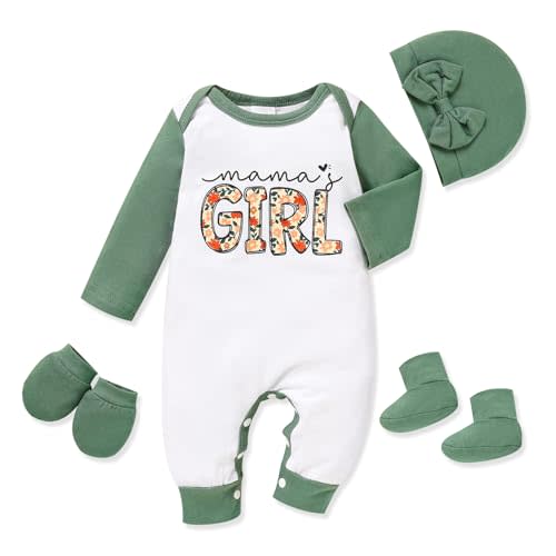 Sinhoon Newborn Baby Girl Romper Infant Letter Print Bodysuit Jumpsuit+Hat+Gloves+Socks 4Pcs Coming Home Clothes Outfit