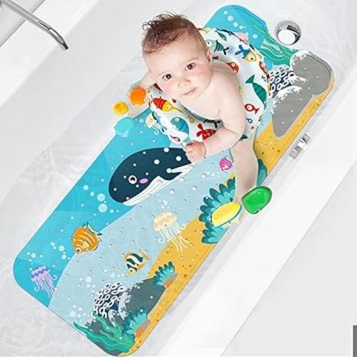 XIYUNTE Baby Bath Mat for Tub for Kids, 40 X 16 Inch Extra Long Kids Bathtub Mat Non Slip, Cartoon Patterned Bath Tub Shower Mat Anti Slip with Suction Cups & Drain Holes, Machine Washable, Whale