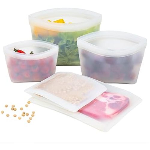 Silicone Bags for Food Storage, Reusable Zip Lock Bags Silicone Food Storage Containers, Freezer Microwave Oven Dishwasher Safe, Plastice BPA-Free 5 Pack (40oz 20oz 12oz 17oz 34oz)