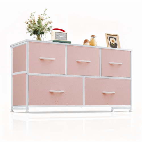 Simenmax 5 Dresser for Bedroom, 5 Storage Drawers, Wide Fabric Closet Chests Organizer Tower Furniture with Wooden Top Metal Frame for Clothes, Room, Living Room, Hallway, Entryway, Pink