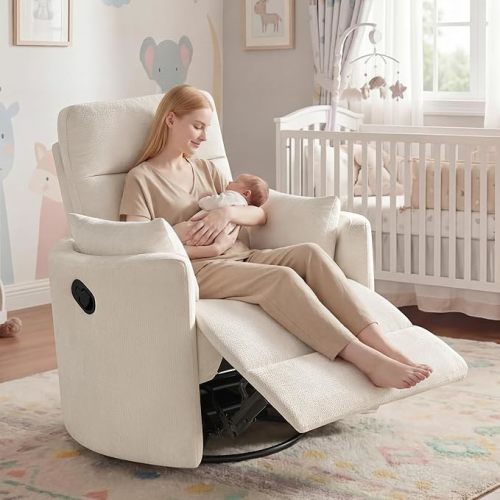 Nursery Rocking Chair, Oversized 360° Swival Glider Recliner Chair, Upholstered Nursery Rocker with 2 Pillows and Footrest, Ergonomic Swivel Accent Chairs for Living Room Bedroom, Camel