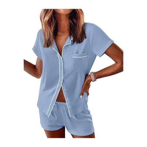 Ekouaer Womens Pajama Sets Button Down Lounge Set 2 Piece Loungewear Soft Sleepwear Short Sleeve Pjs with Pockets&nbsp;Light Blue&nbsp;L