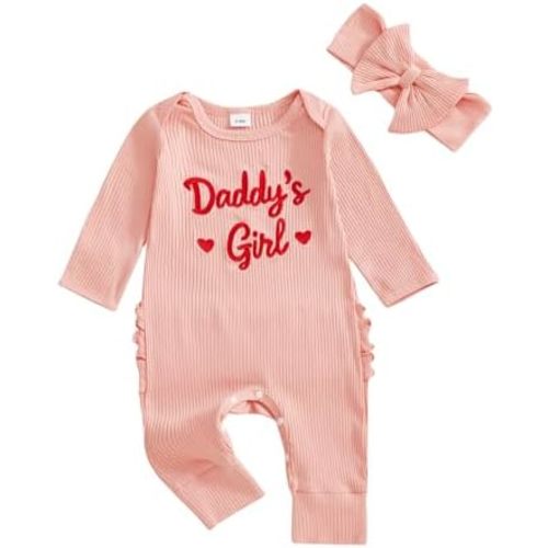 Lamuusaa Newborn Baby Girl Clothes Daddys Girl Embroidery Romper Ribbed Ruffle Bodysuit Jumpsuit with Headband Set