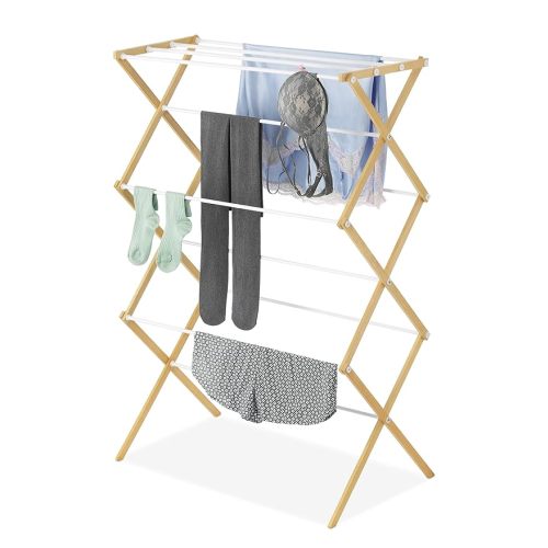 Whitmor Foldable Clothes Drying Rack: 3 Tier Laundry Drying Rack, Collapsible Drying Rack Clothing, Portable Space Saving Clothing Rack for Indoor Outdoor, 17.0“ L x 29.5” W x 43.5“ H, Wood