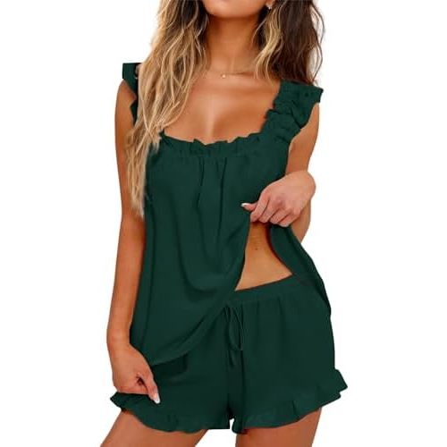 KFUBUO Womens Pajamas Set 2 Piece Ruffle Pj Soft Tank Top and Shorts Sleepwear Set Bridal Pajama for Women Set