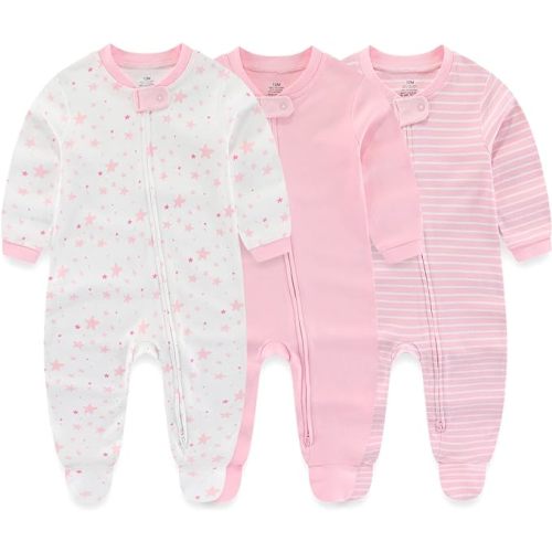 MAMIMAKA Newborn Baby Boy Girls Clothes 2-Way Zip Footed Cotton Bodysuit 3-Pack Long Sleeve Outfits 0-12Months Baby Pajamas