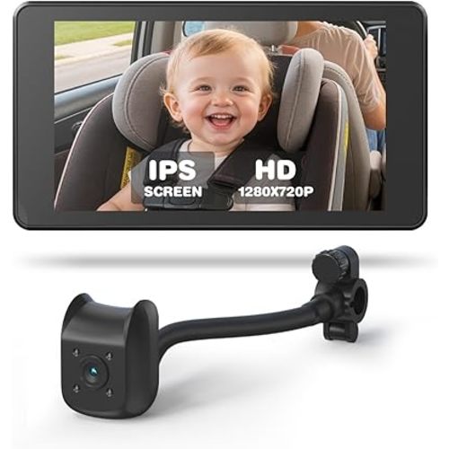 Baby Car Camera Monitor | 5" 1080P IPS Suction Cup Screen - 360° Rotation IR Night Vision 3X Zoom - USB Powered for Rear Facing