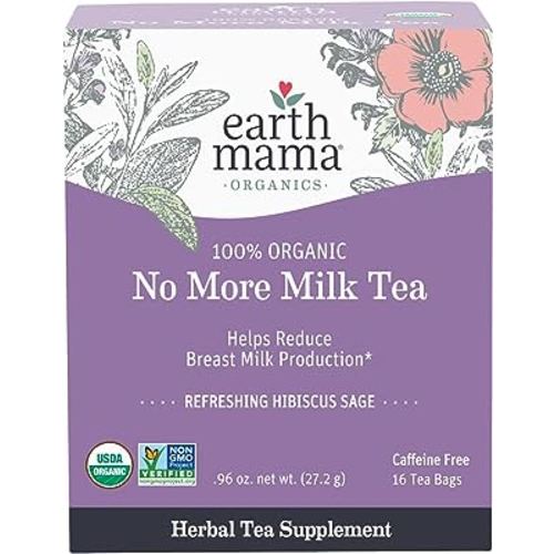 Earth Mama No More Milk Tea | Organic Herbal Tea Bags to Reduce Breast Milk Production, Stop Breastfeeding, & Wean Lactation Naturally, Postpartum Essentials, Hibiscus & Sage Decaf Tea (16-Count)