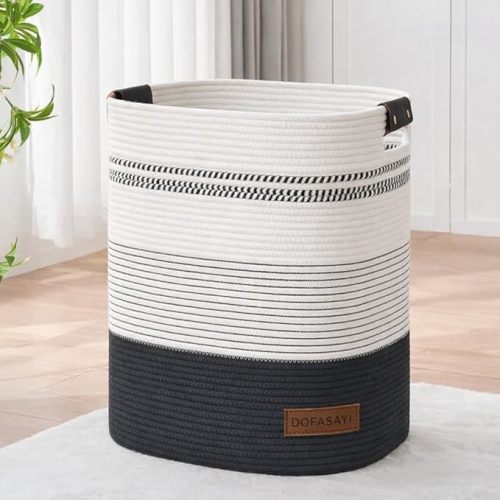 DOFASAYI Laundry Hamper - 85L Large Laundry Basket with Leather Handles, Decorative Storage Basket for Blankets - Clothes Hamper for Living Room, Bedroom, Black & White