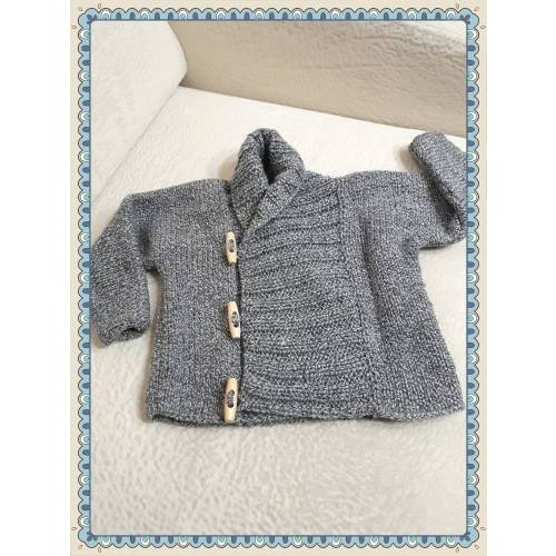 Hand Knitted Baby Boys Grey Double Breasted Cardigan with Wooden Toggle Buttons For 0-3, 3-6 , 6-9 or 9-12 Months.