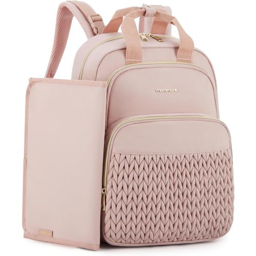 mommore Diaper Bag Backpack, Stylish Travel Baby Bag with Insulated Pockets, Changing Pad and Stroller Straps for Toddler (L-Pink, Large-27L)