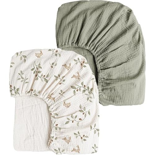Konssy Muslin Crib Sheets 2 PCS, 100% Cotton Baby Crib Sheets for Standard Crib Mattress (28"x 52"), Soft and Breathable for Boys, Girls (Rabbit,Fog Green)