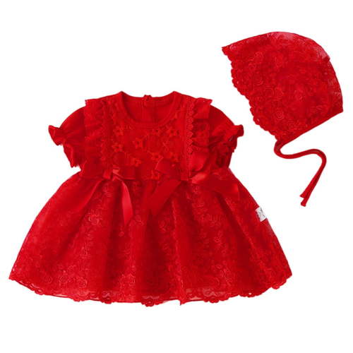 Trolimons Infant Baby Flower Girl Dresses Spring Summer Bow Tie Short Sleeve Fashion Hat Princess Birthday Clothing Size 6-9 Months Red