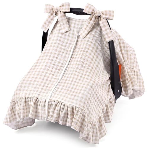 Tegeme Gingham Muslin Baby Car Seat Cover 2 - in -1 Breathable Multi-use Nursing Infant Car Seat Cover Windproof Canopy for Breastfeeding Strollers Carriers