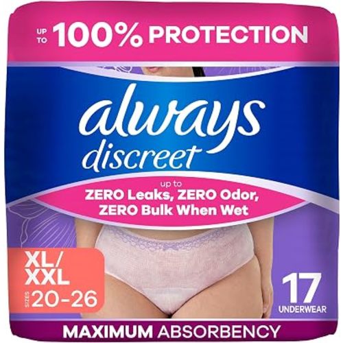 Always Discreet Adult Incontinence Underwear for Women and Postpartum Underwear, Size XL, Up to 100% Bladder Leak Protection, 17 Count