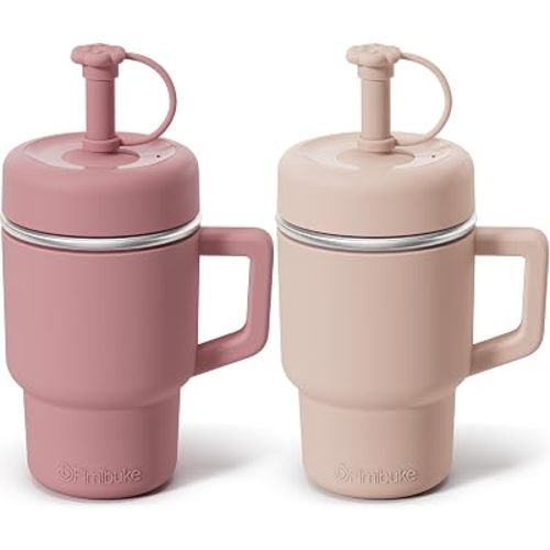 Fimibuke Toddler Tumbler with Handle & Straw, 15 OZ Spill Proof Sippy Cups for Kids Girl Boy, Leak Proof Stainless Steel Cups with Lid & Silicone Sleeve, BPA Free Dishwasher Safe Water Bottle, 2 Packs