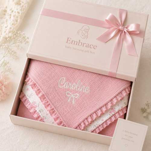 Custom Baby Name Blanket | Personalized Muslin Swaddle | Embroidered Baby Blanket | Blush Pink Floral | Newborn Baby Girl | Keepsake Blanket