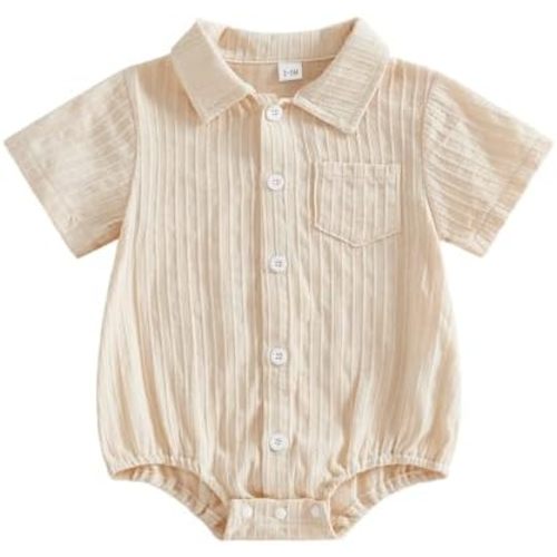 Newborn Baby Boy Clothes Solid Color Textured Shirt Romper Short Sleeve Collared Button Down Bodysuit Summer Outfit