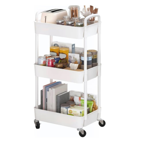 Sywhitta 3-Tier Plastic Rolling Utility Cart with Handle, Multi-Functional Storage Trolley for Office, Living Room, Kitchen, Movable Storage Organizer with Wheels, White