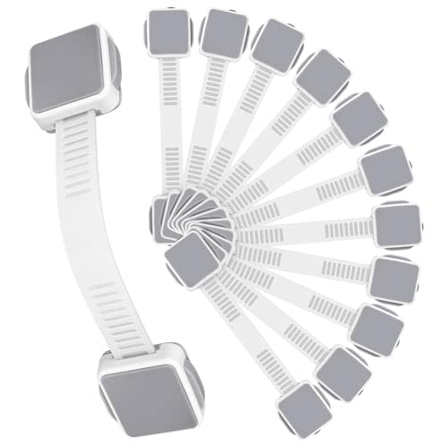 12 Pack Child Safety Cabinet Locks for Baby Proofing, Length Adjustable Latch Straps Dual Button Design for Drawers Fridge Refrigerator Doors Toilet Seat Oven