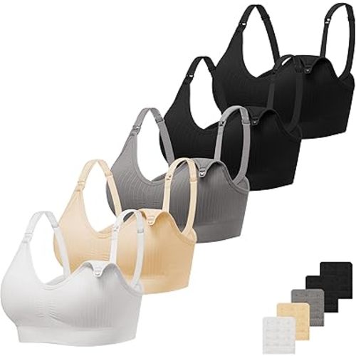 Angelhood Ribbed Nursing Bra Wireless V Neck Maternity Nursing Bra Low Cut Bralette Sleeping Breastfeeding with Extenders