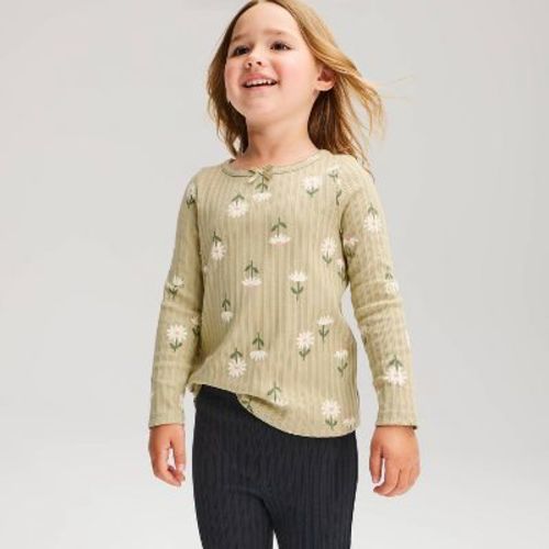 Toddler Girls' Floral Ribbed Long Sleeve T-Shirt - Cat & Jack™ Olive 2T