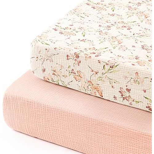 GRSSDER 100% Cotton Muslin Crib Sheet 2 Pack - Breathable & Ultra-Soft Fitted Crib Sheets for Standard Baby & Toddler Mattresses, 52"x28" with 9" Deep Pocket, Snug Fit All-Around Elastic, Pink Floral