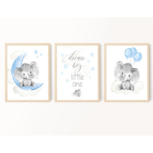 Set of 3, Baby Boy Nursery Decor, Elephant Nursery Art, Dream Big Print, Blue Gray Nursery Wall Art, Elephant Baby Room Art, Digital Files