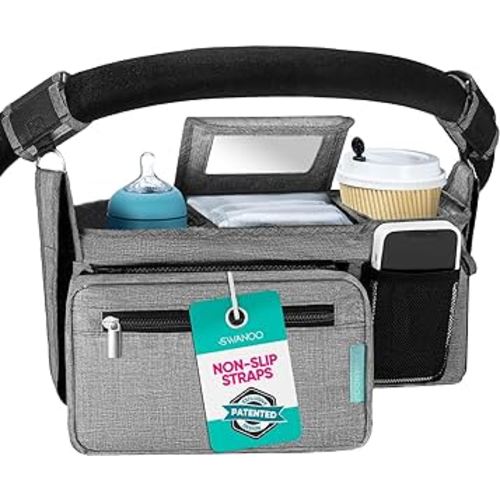 Swanoo Stroller Caddy Stroller Organizer With Cup Holder, Non Slip Straps Stroller Bag for Phone, Pet Stroller Accessories, Universal Fits Uppababby Vista v2 Wonderfold Wagon, Doona and More