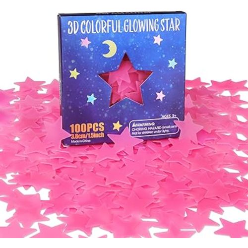 AM AMAONM 100pcs Glow in The Dark Luminous Stars Fluorescent Noctilucent Plastic Wall Stickers Murals Decals for Home Art Decor Nursery Ceiling Wall Decorate Kids Babys Bedroom Room Pink