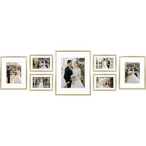 Golden State Art, Picture Frame Set 7 Pack, Gallery Wall Frame with One 11x14, Two 8x10, and Four 5x7. Aluminum Photos Frame for Wall or Tabletop Display (Style 1, Gold, 7 Pack)
