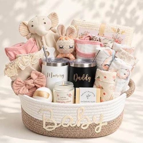 New Mom Gift Basket, Baby Shower Gifts for Girl, Mom Dad Cups & Essentials