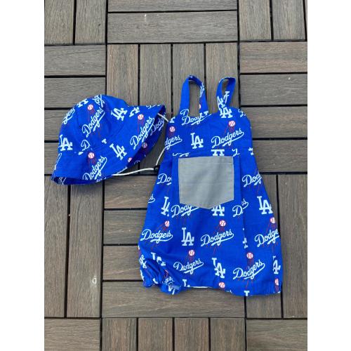 Dodgers romper and matching bucket hat for babies , baby girl outfit, baby outfit, made with licensed Dodgers fabric