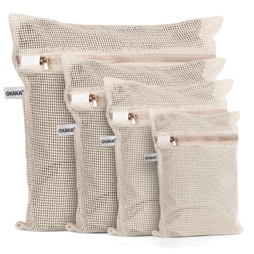 100% Cotton Mesh Laundry Bags, Premium Soft, No Dye, Set of 4, Natural