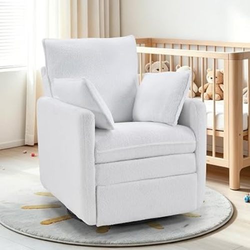 Swivel Rocker Recliner Chair, Teddy Upholstered Nursery Glider Chair, Manual Reclining Chair with Two Removable Pillows for Living Room (White)