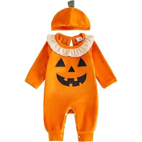2Pcs Neutral Outfits Newborn Baby Boy Girl Pumpkin Romper Jumpsuit My 1st Halloween Clothes with Hat