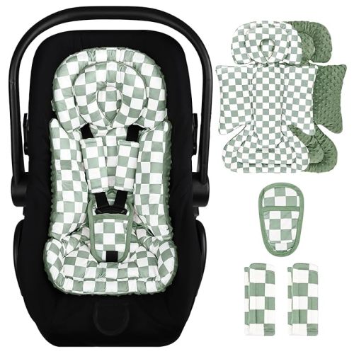 DILIMI Infant Car Seat Insert, Baby Car Seat Head Support with Removable Headrest, Adjustable Newborn Car Seat Cushion with3 Strap Paddings for Stroller, Swing, Bouncers, Green Lattice