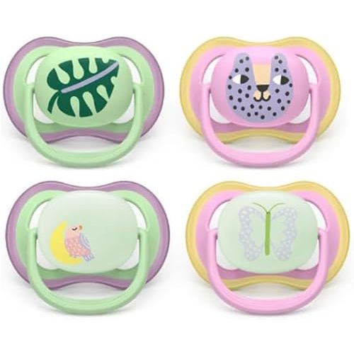 Philips Avent Ultra Air Day & Night Pacifiers - Orthodontic Design, for Babies 6-18 Months, Glow-in-the-Dark Version, Soft Silicone Symmetrical Nipple, BPA-free, 2 Sterilizing Cases, 4 Pack, SCF087/32