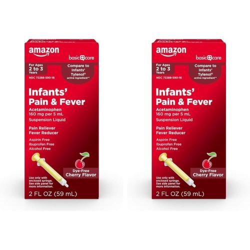 Amazon Basic Care Infants' Pain & Fever, Acetaminophen 160 mg per 5 mL, Suspension Liquid, Dye-Free Cherry Flavor, 2 fl oz (Pack of 2)