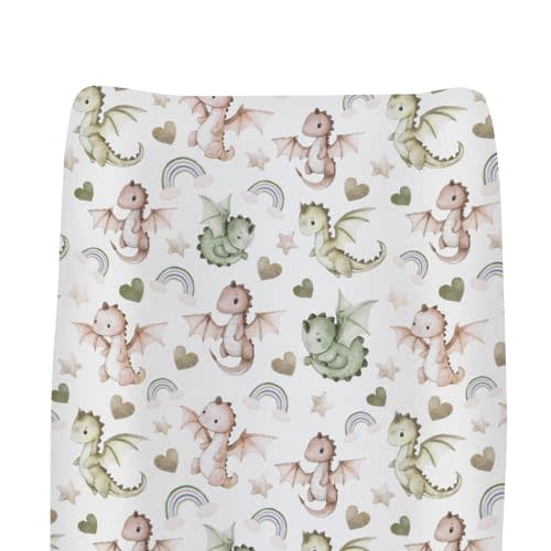 Fairytale Dragon Love Stars Rainbow Changing Pad Cover for Baby Girls Boys Cute Dragons Green Pink Fitted Change Table Pad Covers Mats Fantasy Animal Soft Diaper Changing Pad Sheets 32''×16''