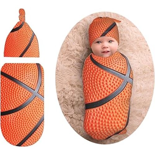 Basketball Newborn Swaddle Blanket Beanie Hat Sets Funny Food Soft Baby Receiving Blanket Swaddle Sack Wraps for Infant Boy Girl Gift Baby Shower Infant